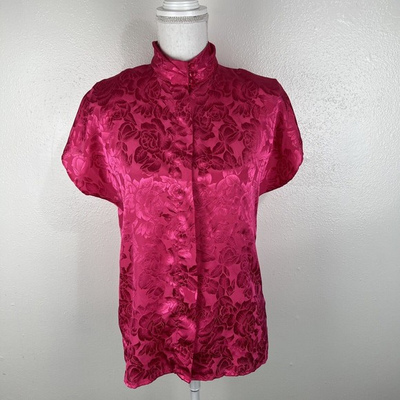Greenwich Square Button Down Top Women 11/12 Pink Floral Embossed Satin Mandarin - Picture 13 of 13
